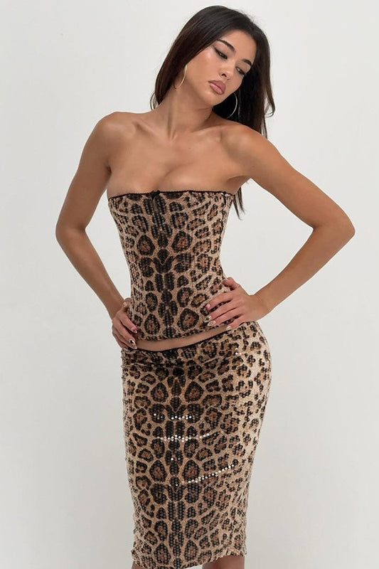 Leopard Print Lace Up Corset Sequin Midi Skirt Set Secondary image