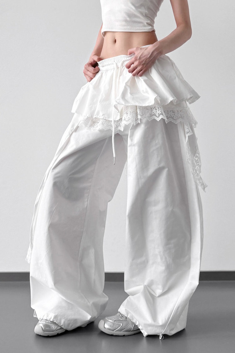 Lace Skirt Hem Trim Wide Leg Casual Pants Main image