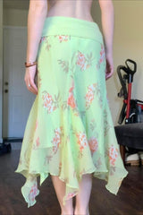 Floral Ruffle Asymmetric Sheer Mesh Vacation Maxi Skirt