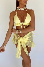 Ruffle Halter Tie Mesh Ruched Three Piece Swim Set