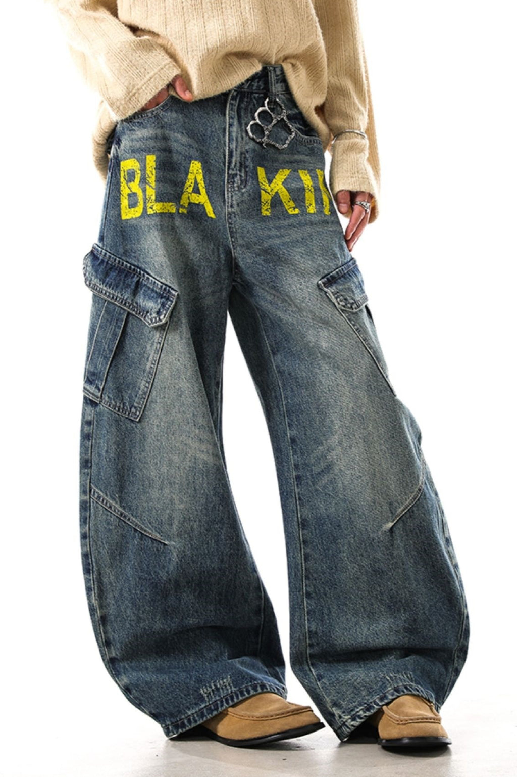 Yellow Typography Cargo Wide Leg Jeans