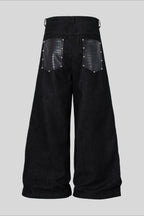 Studded Faux Leather Patchwork Wide Leg Pants