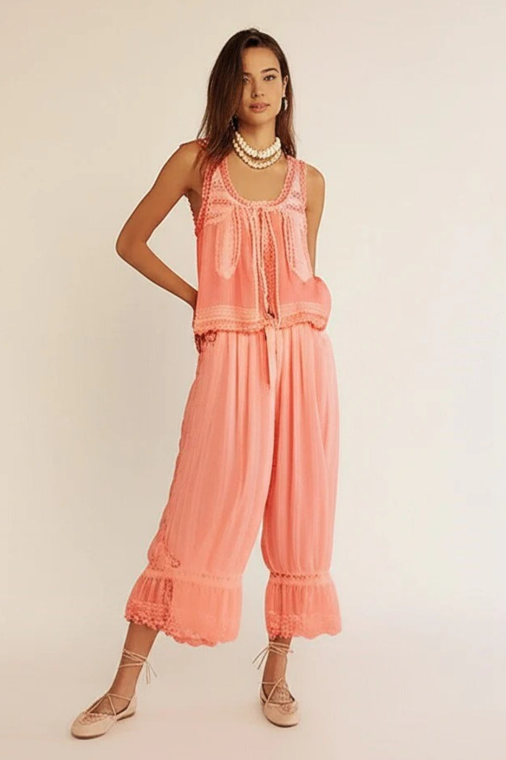 Patchwork Lace Sleeveless Top Boho Pants Set