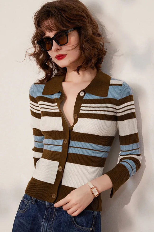 Striped Knit Turn down Collar Cardigan Main image