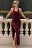 Halter Lace-Up Slit Backless Deep V Maxi Dress