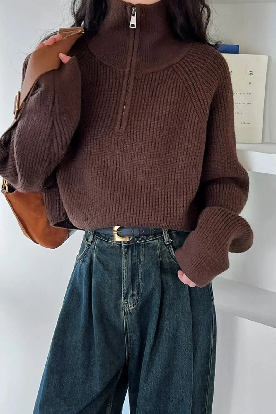 Half Zip Knit Turtleneck Sweater