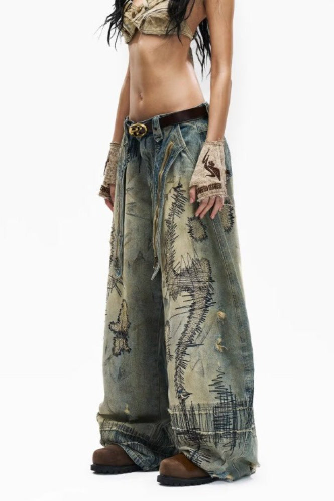 Distressed Stitch Embroidered Baggy Barrel Jeans