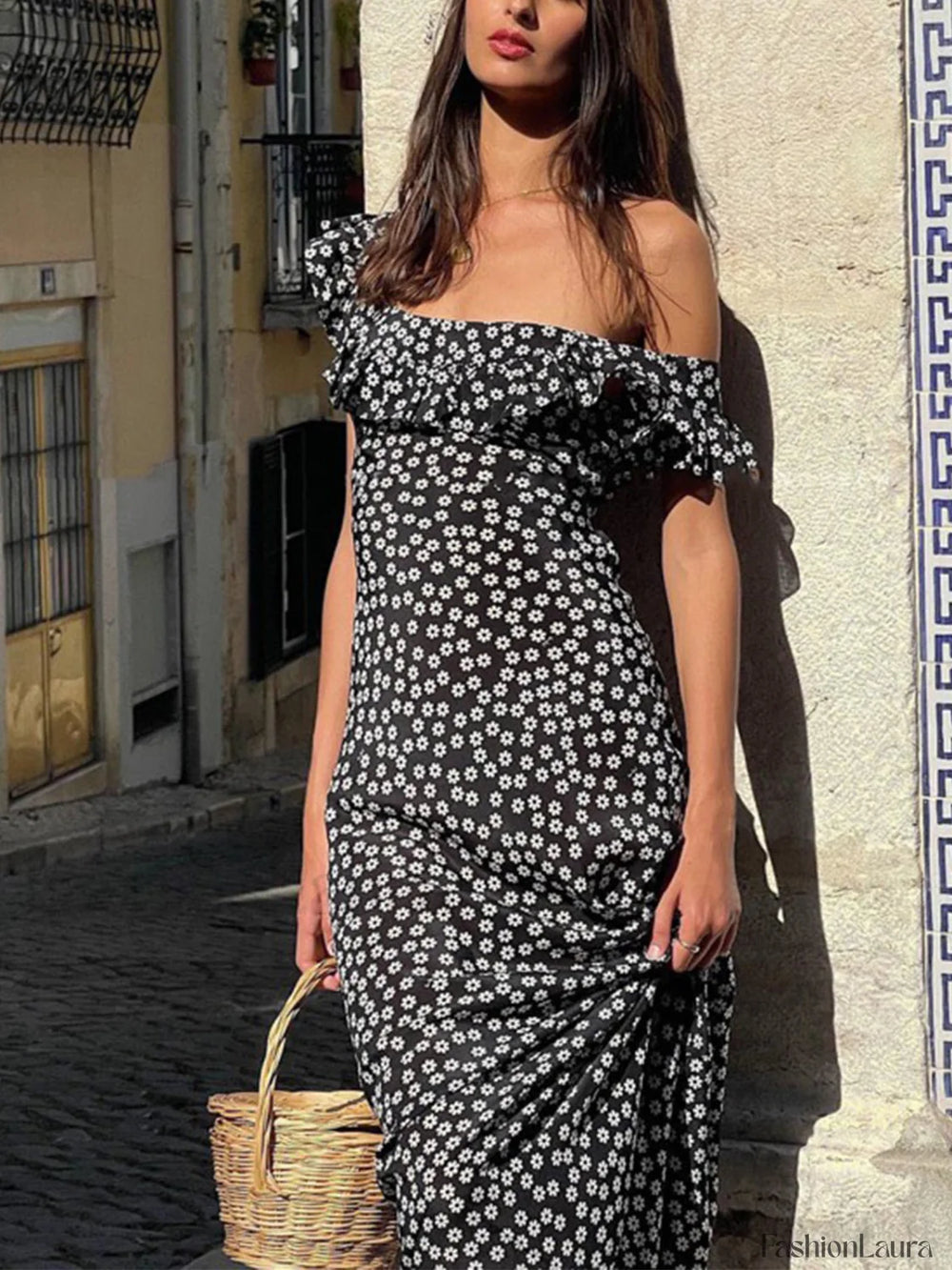 Daisy Floral Graceful Print Long Dress Black / XS Floral Dresses