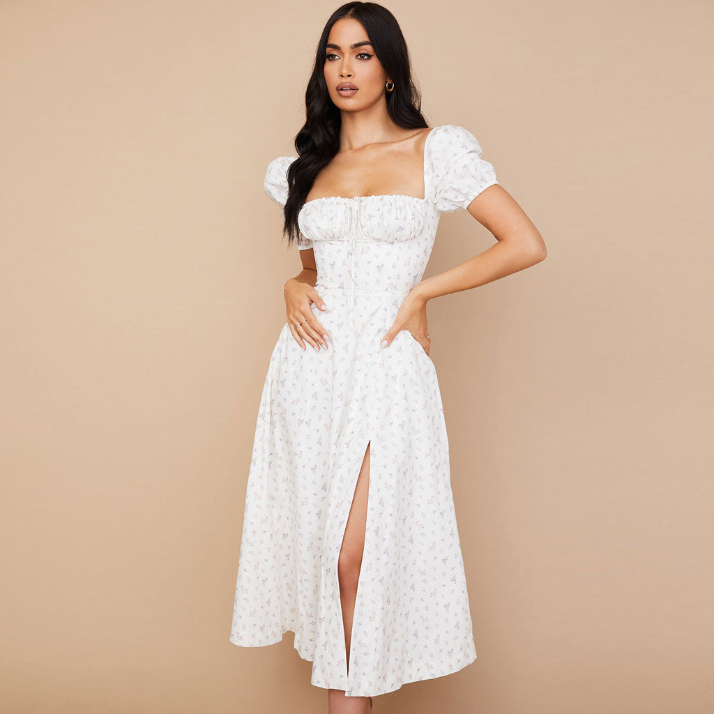 Daisy Printed Puff Sleeve High Slit Smock Maxi Sundress White M / White Sun Dresses