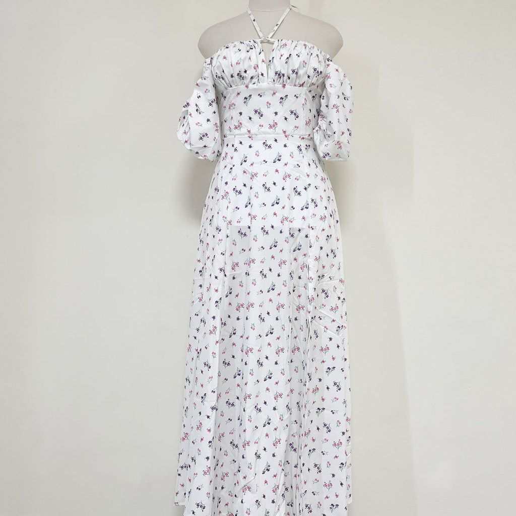 Daisy Printed Puff Sleeve High Slit Smock Maxi Sundress White XL / White Sun Dresses