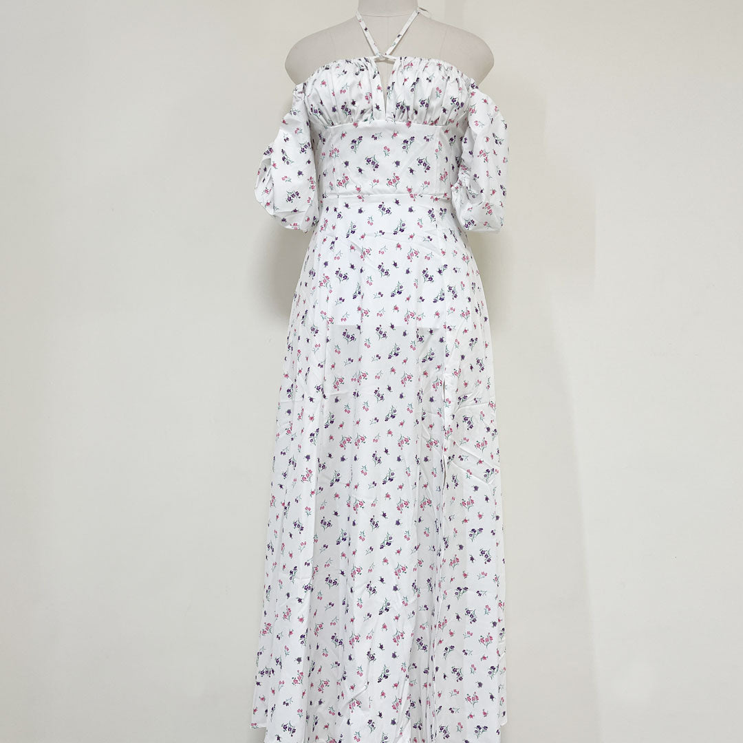 Daisy Printed Puff Sleeve High Slit Smock Maxi Sundress White XL / White Sun Dresses