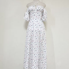 Daisy Printed Puff Sleeve High Slit Smock Maxi Sundress White XL / White Sun Dresses