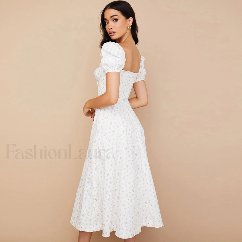 Daisy Printed Puff Sleeve High Slit Smock Maxi Sundress White L / White Sun Dresses