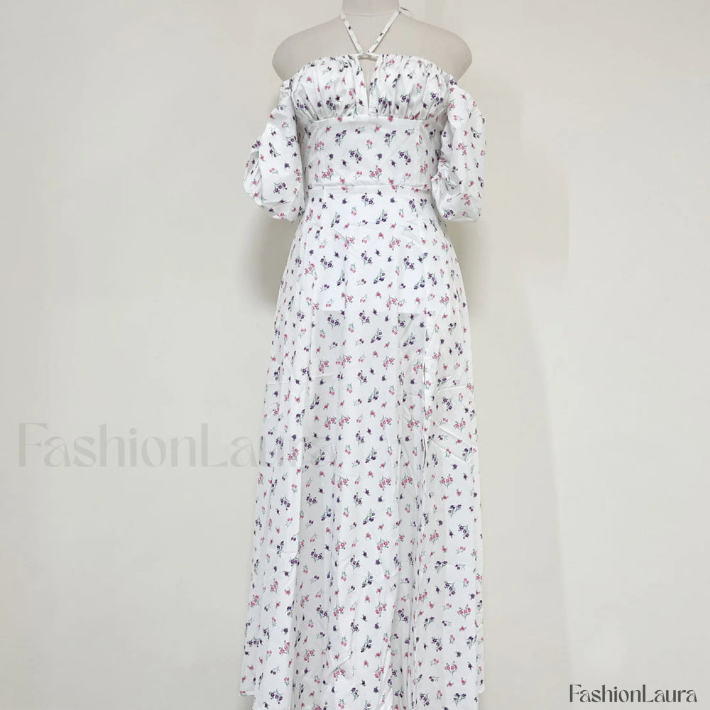 Daisy Printed Puff Sleeve High Slit Smock Maxi Sundress White XL / White Sun Dresses