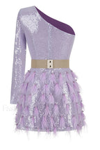 Daria One Shoulder Charming Sequin Feather Dress