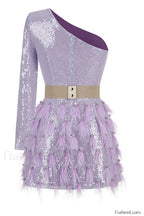 Daria One Shoulder Charming Sequin Feather Dress