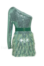 Daria One Shoulder Charming Sequin Feather Dress