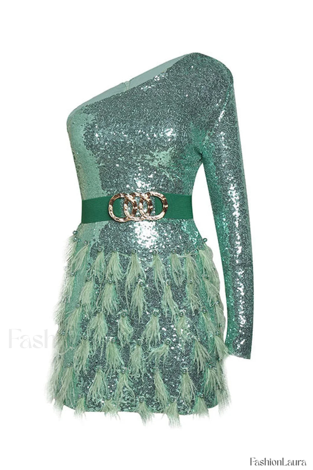 Daria One Shoulder Charming Sequin Feather Dress S / Green