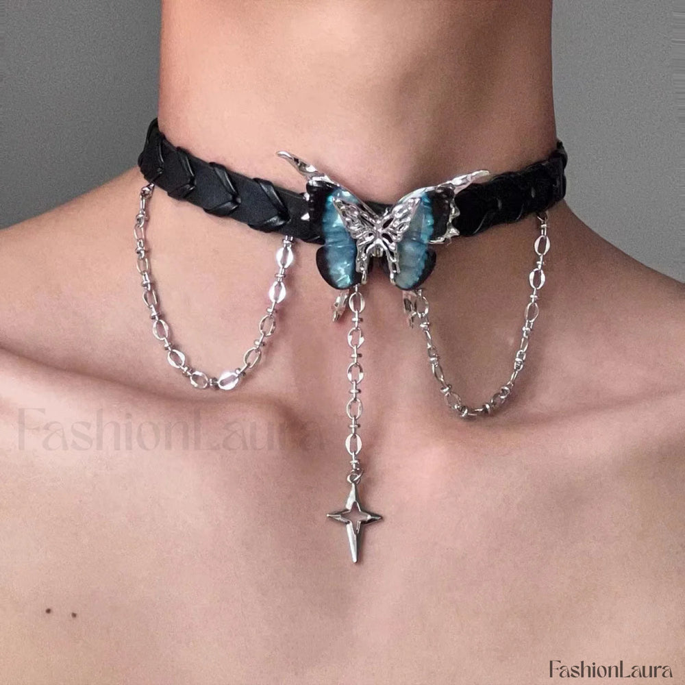 Dark Black Star Leather Choker Necklace BLACK