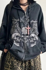 Dark Gothic Skull Print Zip Up Hoodie