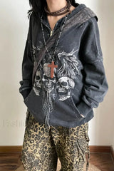 Dark Gothic Skull Print Zip Up Hoodie