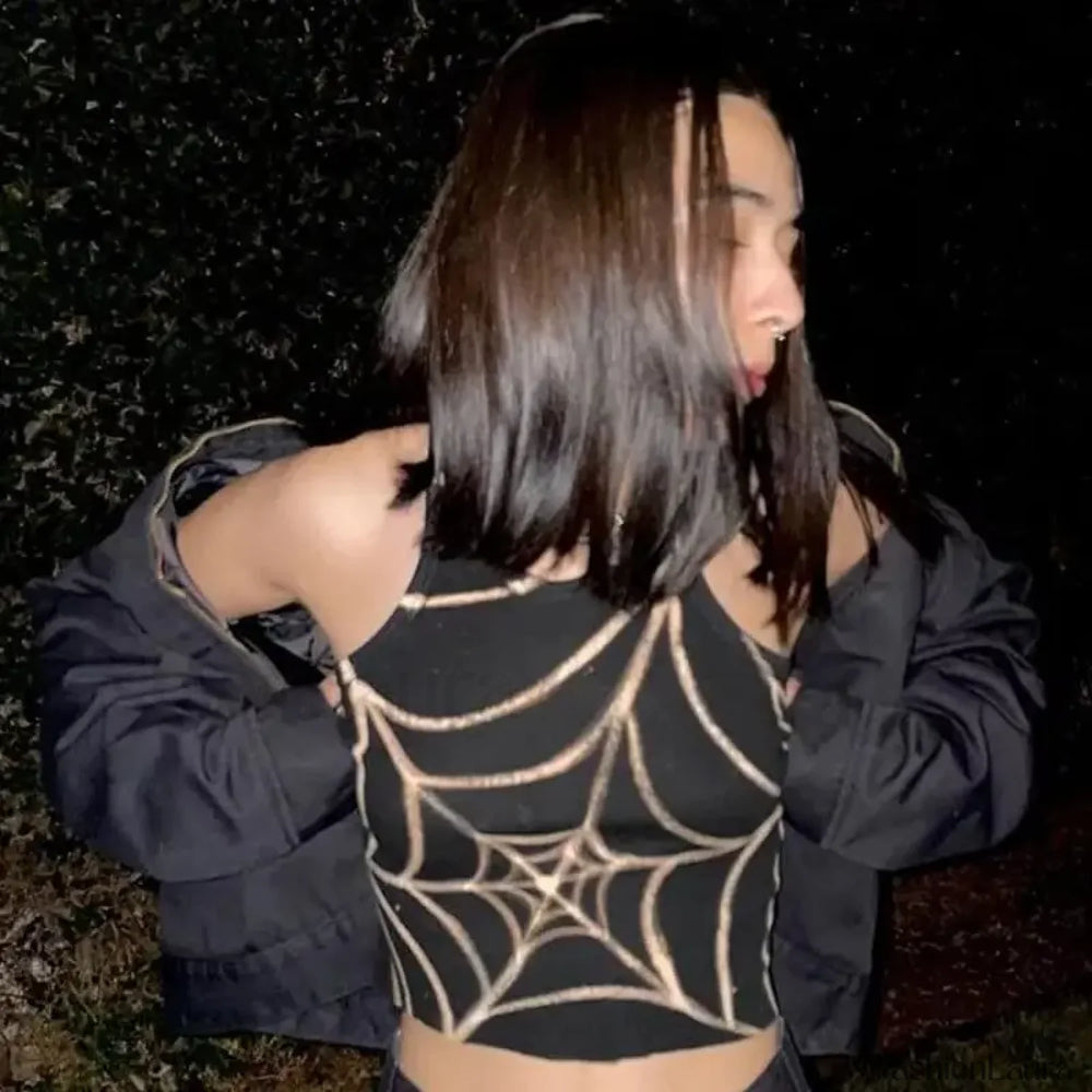 Dark Graphic Crop Grunge Gothic Spider Web Top
