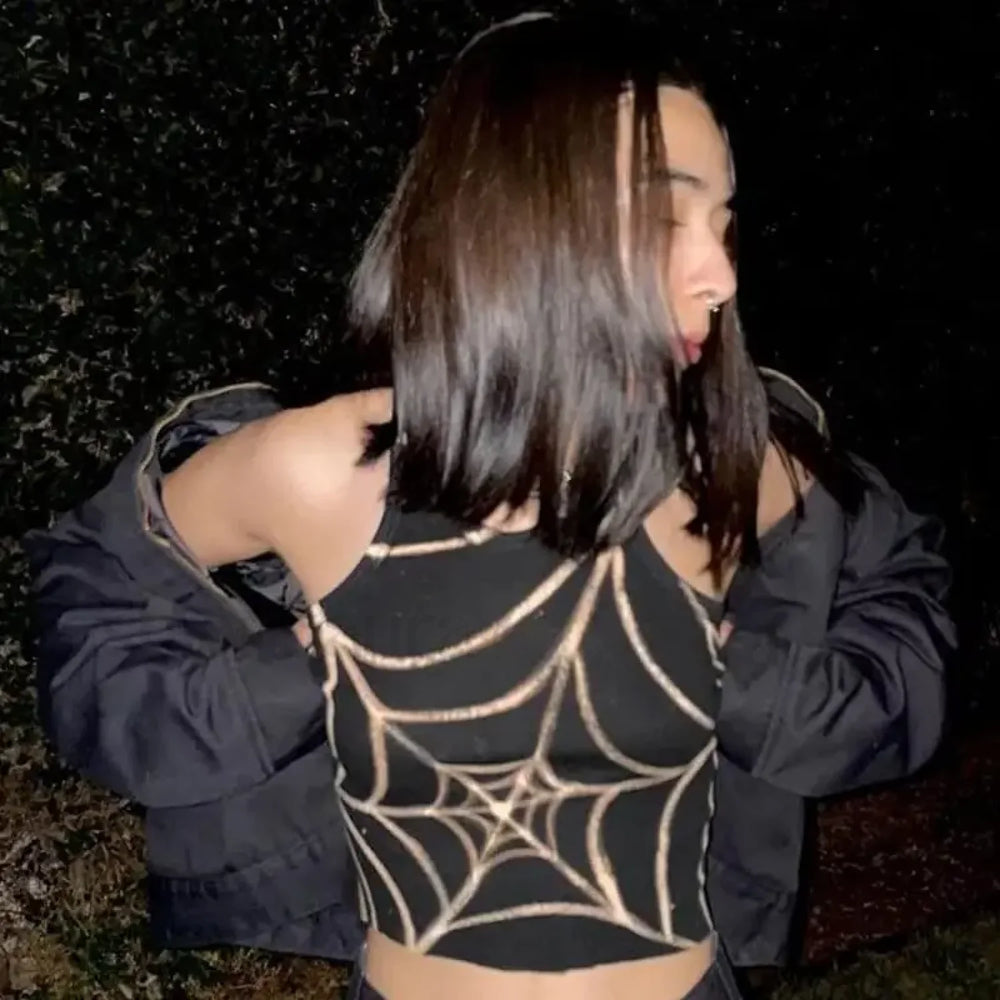 Dark Graphic Crop Grunge Gothic Spider Web Top