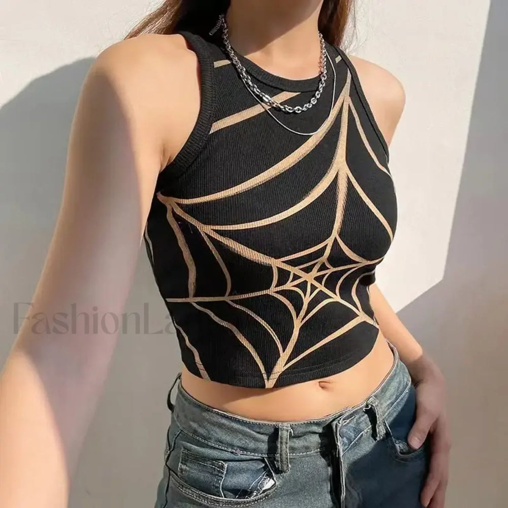 Dark Graphic Crop Grunge Gothic Spider Web Top Black / S