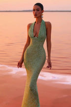 Sequin Plunging Halter Formal Dress