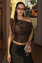 Lace Sheer Asymmetrical Neck Slim Fit Short Sleeve Tee
