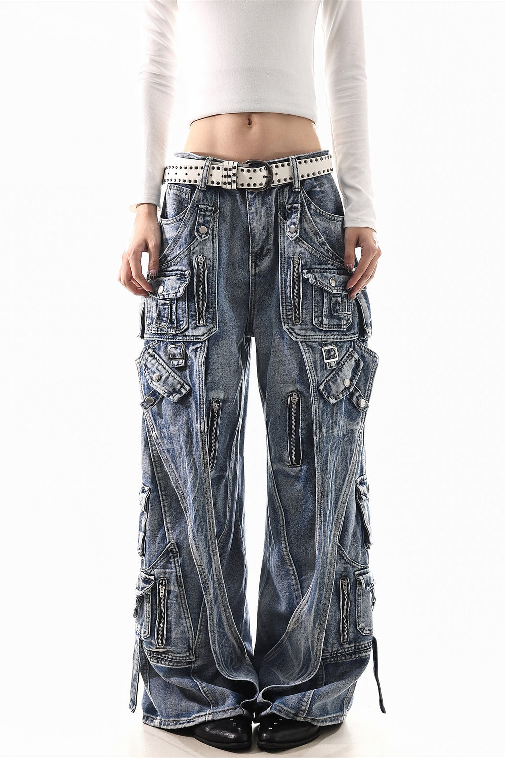 Deconstructed Buckle Cargo Wide Leg Jeans