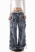 Deconstructed Buckle Cargo Wide Leg Jeans