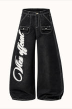 Black Graffiti Print Contrast Stitch Barrel Jeans
