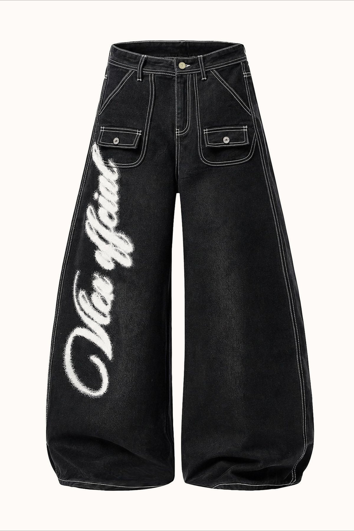 Black Graffiti Print Contrast Stitch Barrel Jeans