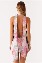 Deep V Neck Backless Tie Detail Mini Floral Dress
