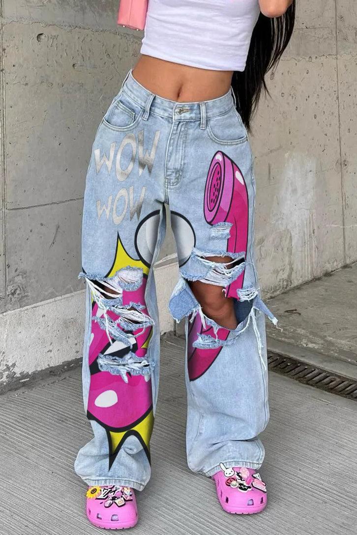 Mid Waist Printed Baggy Jeans Light blue / S