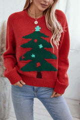 Christmas Cozy Color Block Xmas Tree Print Sweater