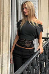 Asymmetric Collar Lace Sheer Sleeveless Crop Top