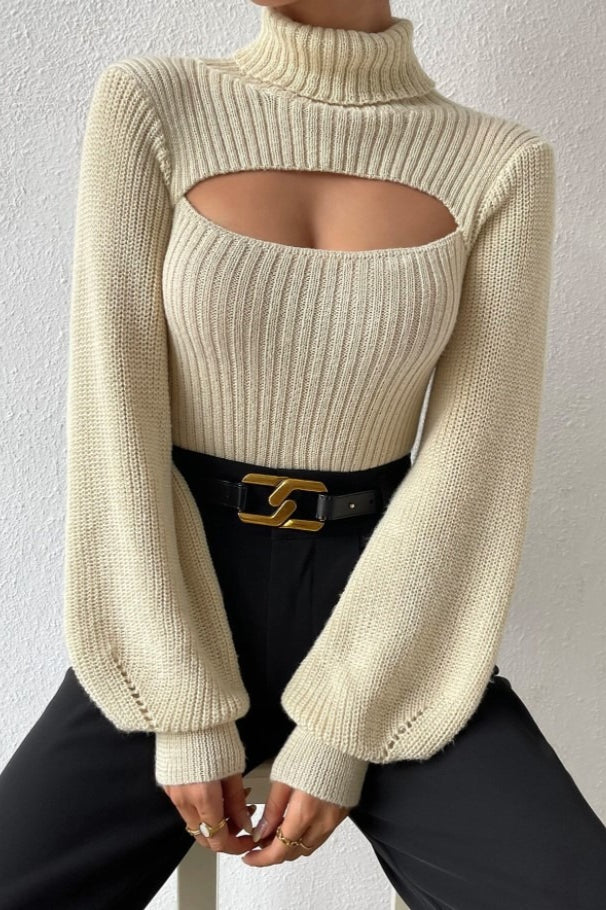 Sexy Hollow Out Turtleneck Sweater Beige / XS