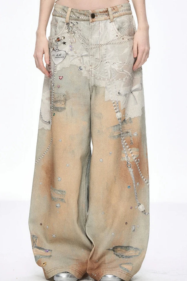 Tie Dye Baggy Wide Leg Denim Jeans Yellow / S Main image