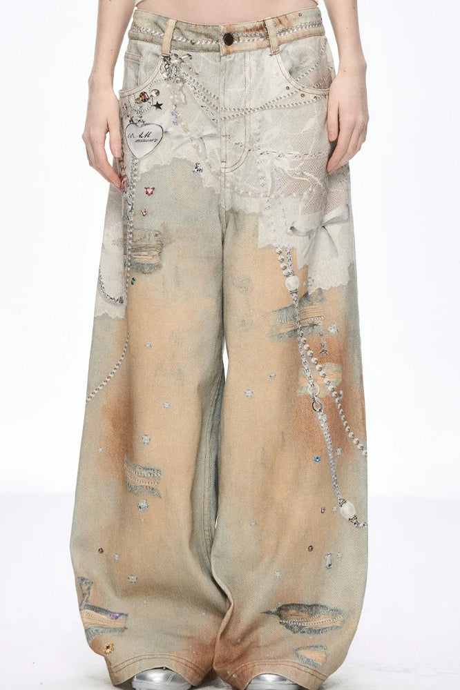 Tie Dye Baggy Wide Leg Denim Jeans Yellow / S Main image