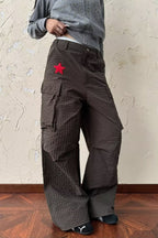 Red Embroidered Wide Leg Cargo Pants