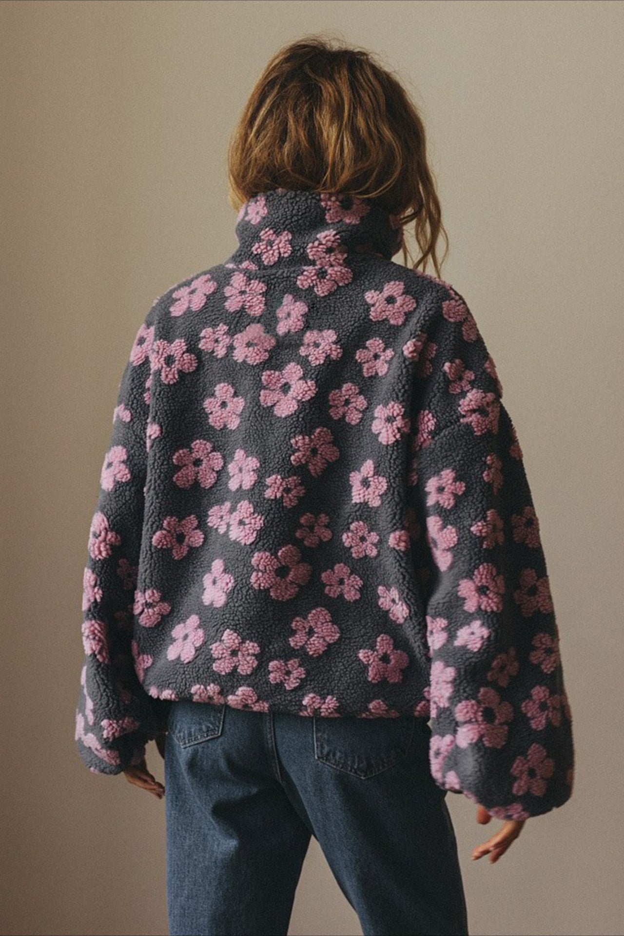 Floral Sherpa Quarter Zip Pullover Sweatshirt