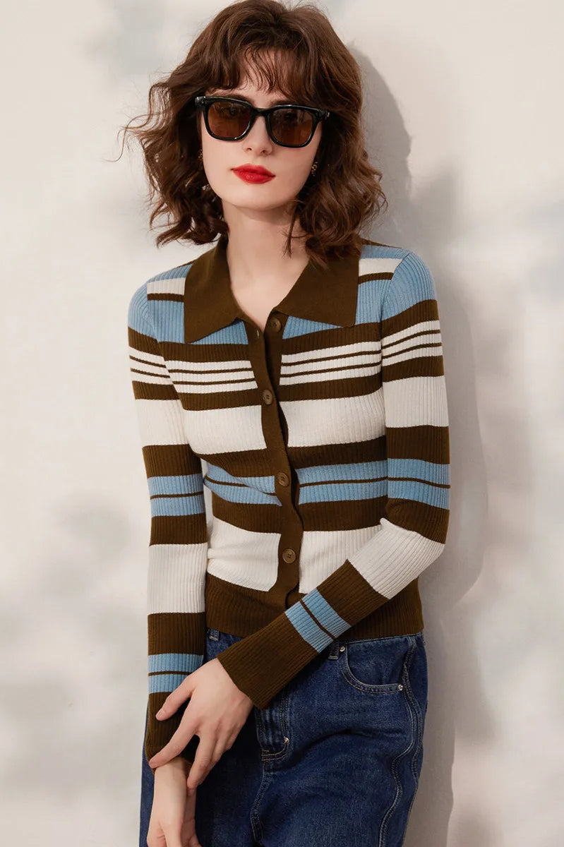 Striped Knit Turn down Collar Cardigan Brown / S