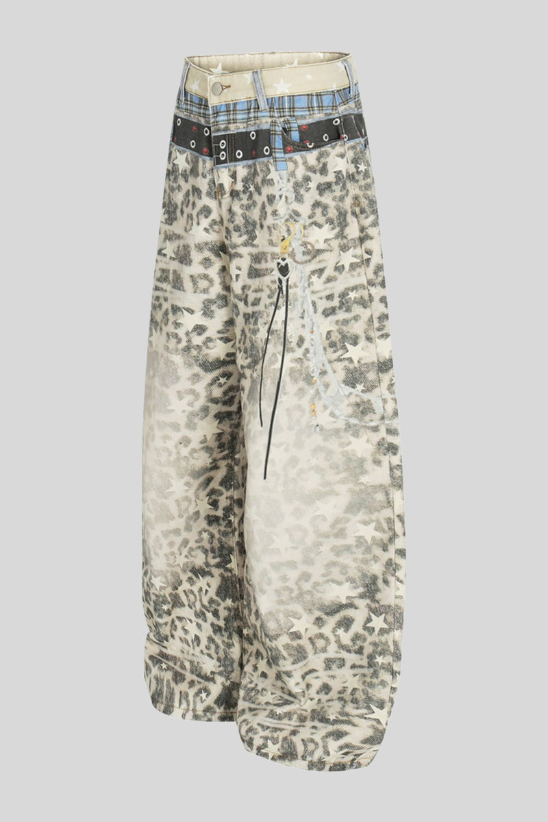 Leopard Double Waist Barrel Leg Jeans