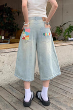Color Letter Print Loose Fit Denim Shorts