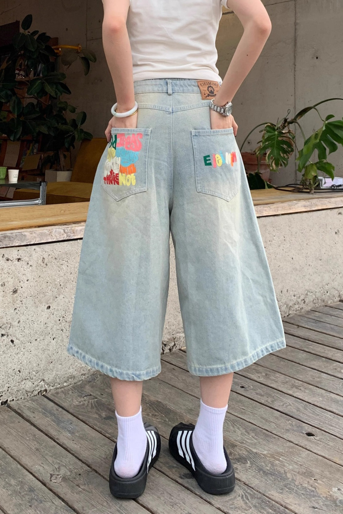 Color Letter Print Loose Fit Denim Shorts