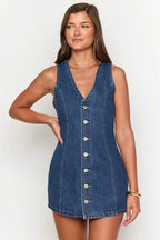 Button Front Tie Back Denim Mini Dress