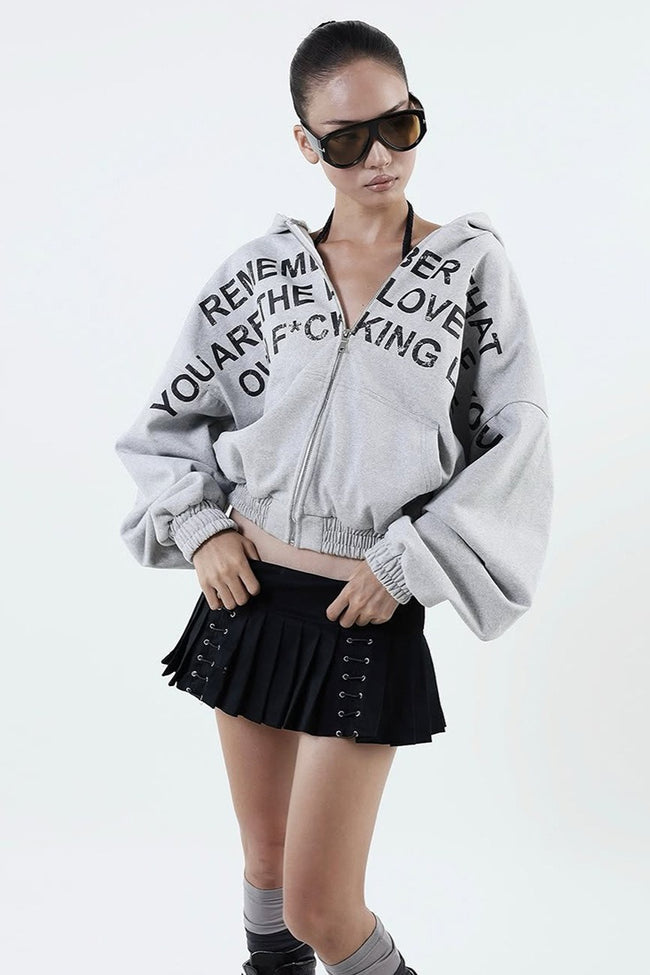 Printed Cropped Elastic Hem Hoodie Main image