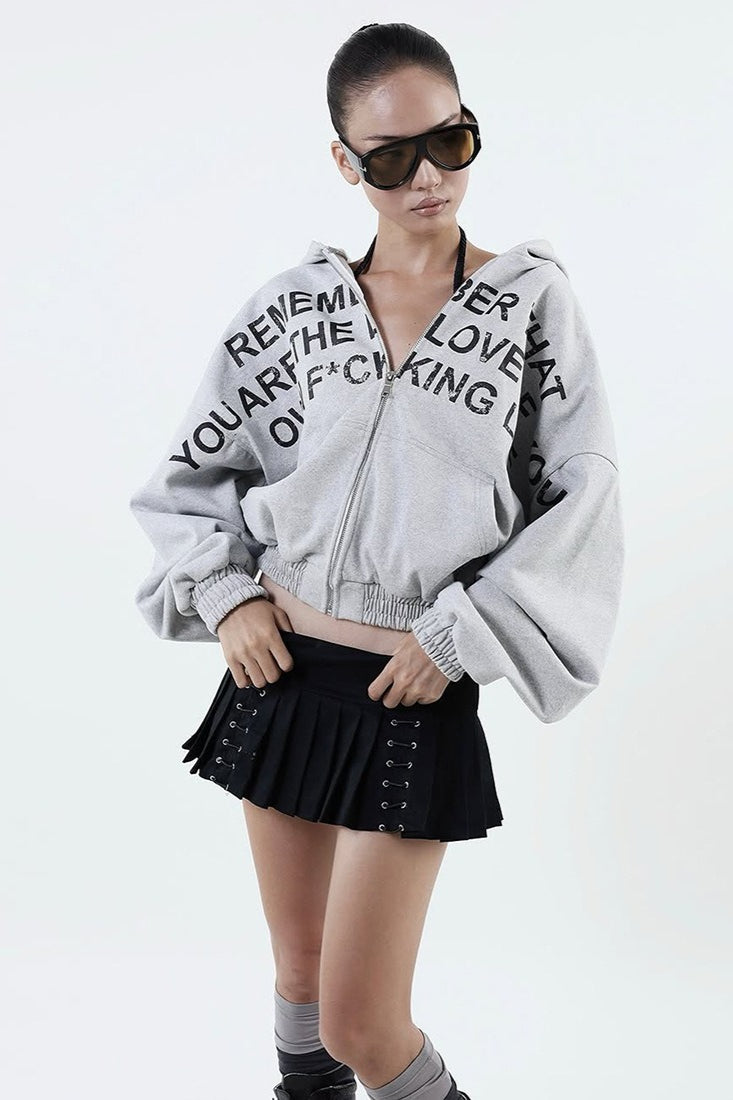 Printed Cropped Elastic Hem Hoodie